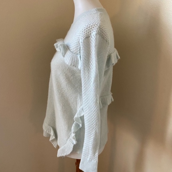 White & Warren women’s Ruffle Cashmere Sweater Size S/M Light Teal Crewneck - Picture 2 of 6